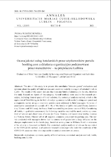 Ocena jakości usług hotelarskich przez użytkownik&oacute;w portalu booking.com a działania organizacyjne podejmowane przez menedżer&oacute;w &ndash; na przykładzie Lublina