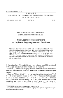 The Legendre - like operatorson tuples of Lagrangians and functions