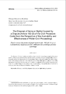 The disposal of items or rights covered bya dispute ( article 192 (3) of the civil procedure code) from the perspective of the availability and effectiveness of polish civil proceedings