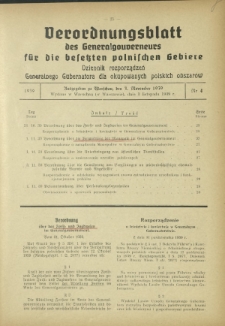 Verordnungsblatt des Generalgouverneurs für die Besetzten Polnischen Gebiete = Dziennik Rozporządzeń Generalnego Gubernatora dla Okupowanych Polskich Obszarów / hrsg. vom Amt des Generalgouverneurs. 1939, Nr 4 (3 November)