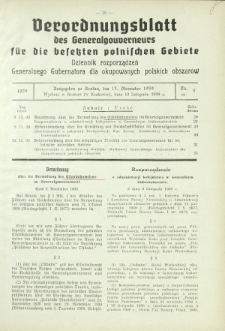 Verordnungsblatt des Generalgouverneurs für die Besetzten Polnischen Gebiete = Dziennik Rozporządzeń Generalnego Gubernatora dla Okupowanych Polskich Obszarów / hrsg. vom Amt des Generalgouverneurs. 1939, Nr 5 (13 November)