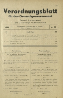 Verordnungsblatt für das Generalgouvernement = Dziennik Rozporządzeń dla Generalnego Gubernatorstwa. 1943, Nr. 55 (21. Juli)