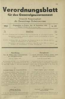 Verordnungsblatt für das Generalgouvernement = Dziennik Rozporządzeń dla Generalnego Gubernatorstwa. 1943, Nr. 77 (28. September)