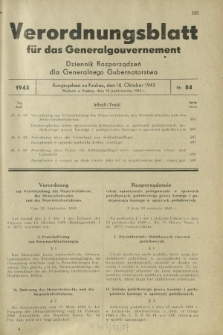 Verordnungsblatt für das Generalgouvernement = Dziennik Rozporządzeń dla Generalnego Gubernatorstwa. 1943, Nr. 84 (18. Oktober)