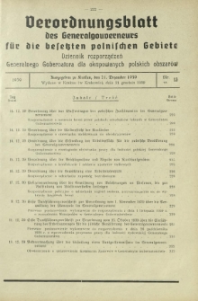 Verordnungsblatt des Generalgouverneurs für die Besetzten Polnischen Gebiete = Dziennik Rozporządzeń Generalnego Gubernatora dla Okupowanych Polskich Obszarów / hrsg. vom Amt des Generalgouverneurs. 1939, Nr (21 Dezember)