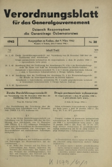 Verordnungsblatt für das Generalgouvernement = Dziennik Rozporządzeń dla Generalnego Gubernatorstwa. 1942, Nr. 20 (9. März)