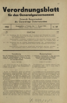 Verordnungsblatt für das Generalgouvernement = Dziennik Rozporządzeń dla Generalnego Gubernatorstwa. 1942, Nr. 65 (13. August)