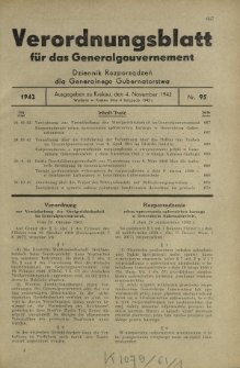 Verordnungsblatt für das Generalgouvernement = Dziennik Rozporządzeń dla Generalnego Gubernatorstwa. 1942, Nr. 95 (4. November)