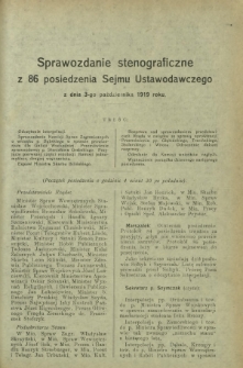 Sprawozdanie Stenograficzne z 86 Posiedzenia Sejmu Ustawodawczego z dnia 3 października 1919 r.