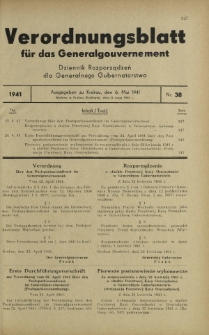 Verordnungsblatt für das Generalgouvernement = Dziennik Rozporządzeń dla Generalnego Gubernatorstwa. 1941, Nr 38 (6 Mai)