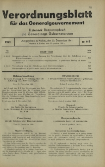 Verordnungsblatt für das Generalgouvernement = Dziennik Rozporządzeń dla Generalnego Gubernatorstwa. 1941, Nr 119 (20 Dezember)