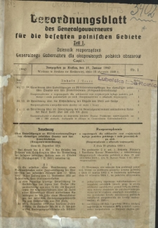 Verordnungsblatt des Generalgouverneurs für die Besetzten Polnischen Gebiete = Dziennik Rozporządzeń Generalnego Gubernatora dla Okupowanych Polskich Obszarów. Teil 1, Nr 1 (15 Januar 1940)