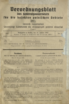 Verordnungsblatt des Generalgouverneurs für die Besetzten Polnischen Gebiete = Dziennik Rozporządzeń Generalnego Gubernatora dla Okupowanych Polskich Obszarów. Teil 1, Nr 2 (18 Januar 1940)