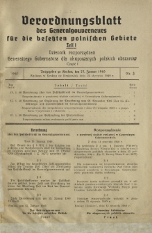 Verordnungsblatt des Generalgouverneurs für die Besetzten Polnischen Gebiete = Dziennik Rozporządzeń Generalnego Gubernatora dla Okupowanych Polskich Obszarów. Teil 1, Nr 3 (23 Januar 1940)