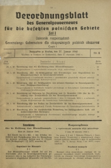 Verordnungsblatt des Generalgouverneurs f&uuml;r die Besetzten Polnischen Gebiete = Dziennik Rozporządzeń Generalnego Gubernatora dla Okupowanych Polskich Obszar&oacute;w. Teil 1, Nr 6 (27 Januar 1940)