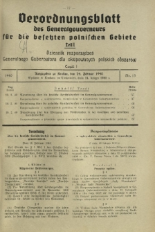Verordnungsblatt des Generalgouverneurs f&uuml;r die Besetzten Polnischen Gebiete = Dziennik Rozporządzeń Generalnego Gubernatora dla Okupowanych Polskich Obszar&oacute;w. Teil 1, Nr 13 (24 Februar 1940)
