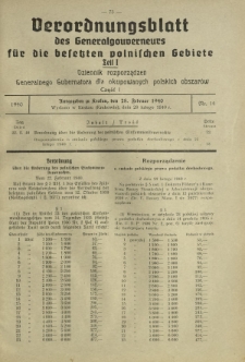Verordnungsblatt des Generalgouverneurs für die Besetzten Polnischen Gebiete = Dziennik Rozporządzeń Generalnego Gubernatora dla Okupowanych Polskich Obszarów. Teil 1, Nr 14 (28 Februar 1940)