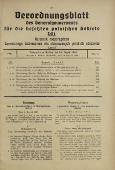 Verordnungsblatt des Generalgouverneurs für die Besetzten Polnischen Gebiete = Dziennik Rozporządzeń Generalnego Gubernatora dla Okupowanych Polskich Obszarów. Teil 1, Nr 50 (14 August 1940)