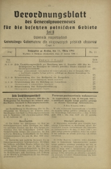 Verordnungsblatt des Generalgouverneurs für die Besetzten Polnischen Gebiete = Dziennik Rozporządzeń Generalnego Gubernatora dla Okupowanych Polskich Obszarów. Teil 2, Nr 21 (21 Marz 1940)