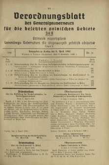 Verordnungsblatt des Generalgouverneurs für die Besetzten Polnischen Gebiete = Dziennik Rozporządzeń Generalnego Gubernatora dla Okupowanych Polskich Obszarów. Teil 2, Nr 26 (8 April 1940)