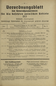 Verordnungsblatt des Generalgouverneurs für die Besetzten Polnischen Gebiete = Dziennik Rozporządzeń Generalnego Gubernatora dla Okupowanych Polskich Obszarów. Teil 2, Nr 31 (30 April 1940)