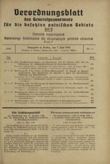 Verordnungsblatt des Generalgouverneurs für die Besetzten Polnischen Gebiete = Dziennik Rozporządzeń Generalnego Gubernatora dla Okupowanych Polskich Obszarów. Teil 2, Nr 41 (7 Juni 1940)