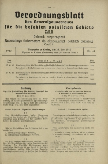 Verordnungsblatt des Generalgouverneurs f&uuml;r die Besetzten Polnischen Gebiete = Dziennik Rozporządzeń Generalnego Gubernatora dla Okupowanych Polskich Obszar&oacute;w. Teil 2, Nr 44 (28 Juni 1940)
