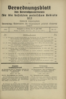 Verordnungsblatt des Generalgouverneurs f&uuml;r die Besetzten Polnischen Gebiete = Dziennik Rozporządzeń Generalnego Gubernatora dla Okupowanych Polskich Obszar&oacute;w. Teil 2, Nr 47 (10 Juli 1940)