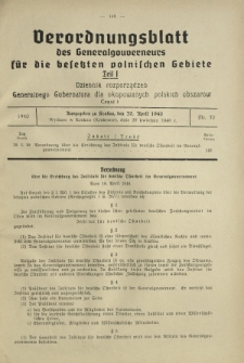 Verordnungsblatt des Generalgouverneurs für die Besetzten Polnischen Gebiete = Dziennik Rozporządzeń Generalnego Gubernatora dla Okupowanych Polskich Obszarów. Teil 1, Nr 30 (20 April 1940)